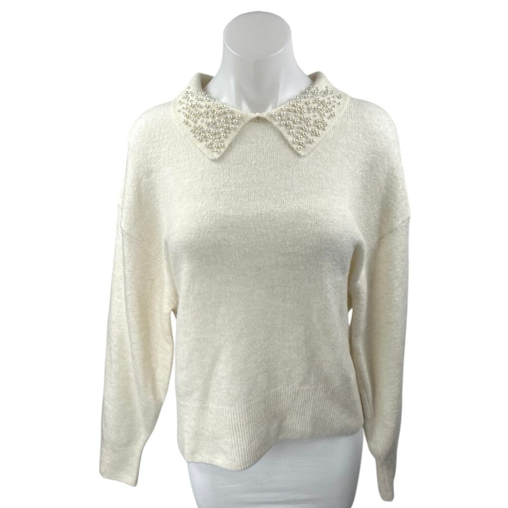 H&M Cream Pearl Beaded Studded Rhinestone Long Sleeve Collar Sweater Top Size M